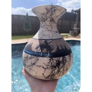 Native American Navajo Carved Pottery Vase Vintage, Signed